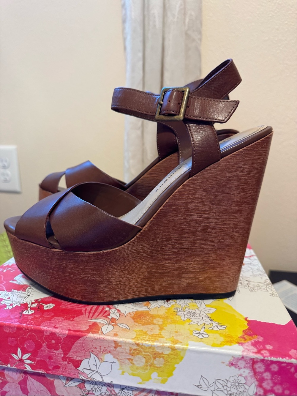 Chinese Laundry Brown Platform Wedge Sandals with Ankle Strap